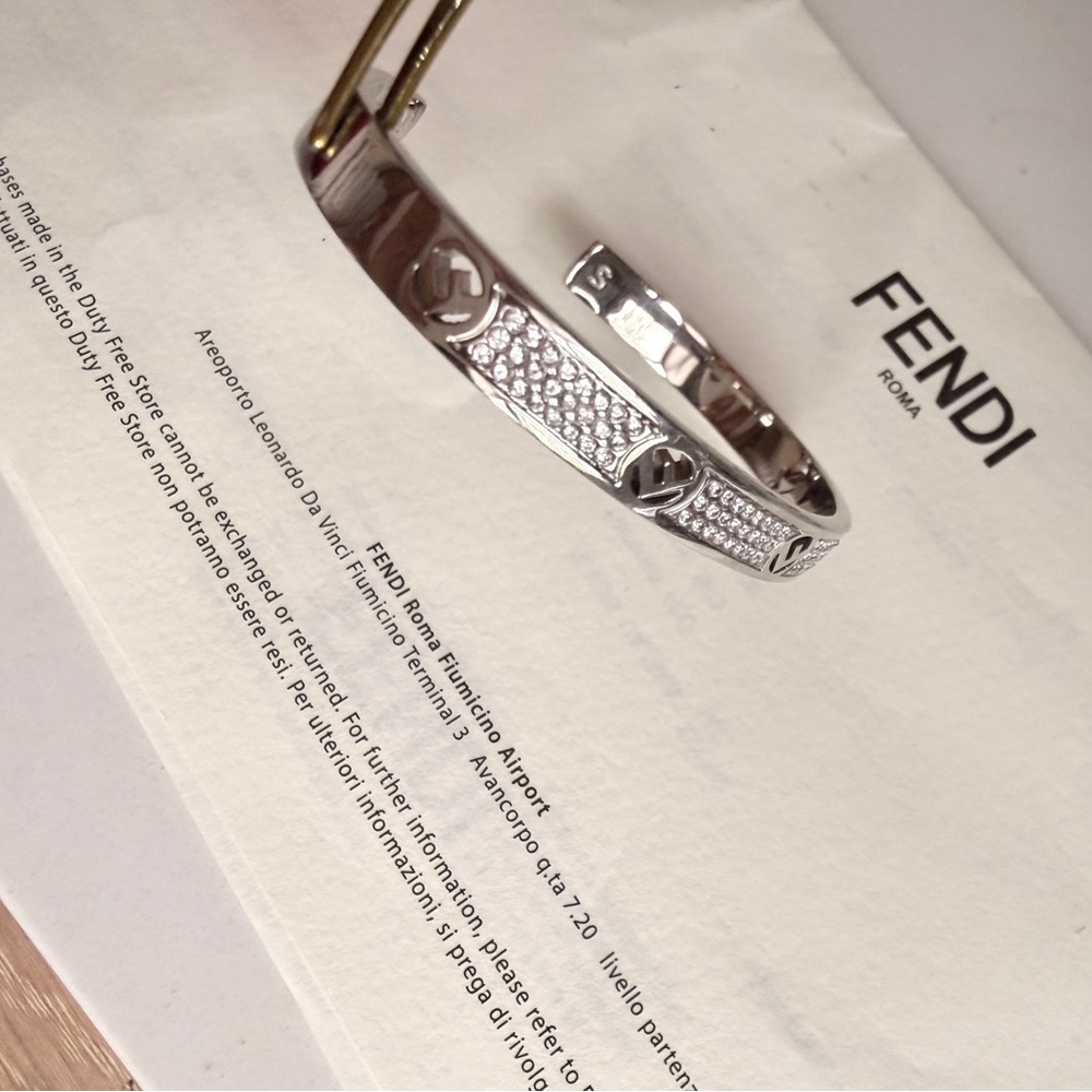 Fendi Crystal Silver Tone Open Cuff Bracelet S - Picture 5 of 11